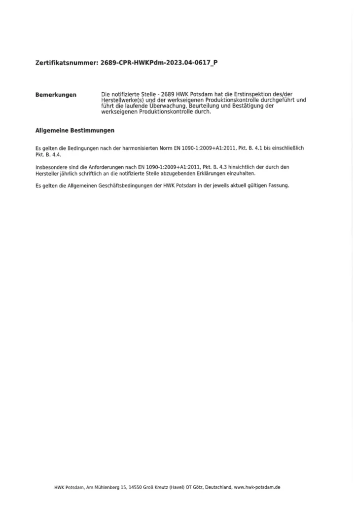 Zertifikat Produktionskontrolle TMA Metallbautechnik GmbH – EN 1090-1